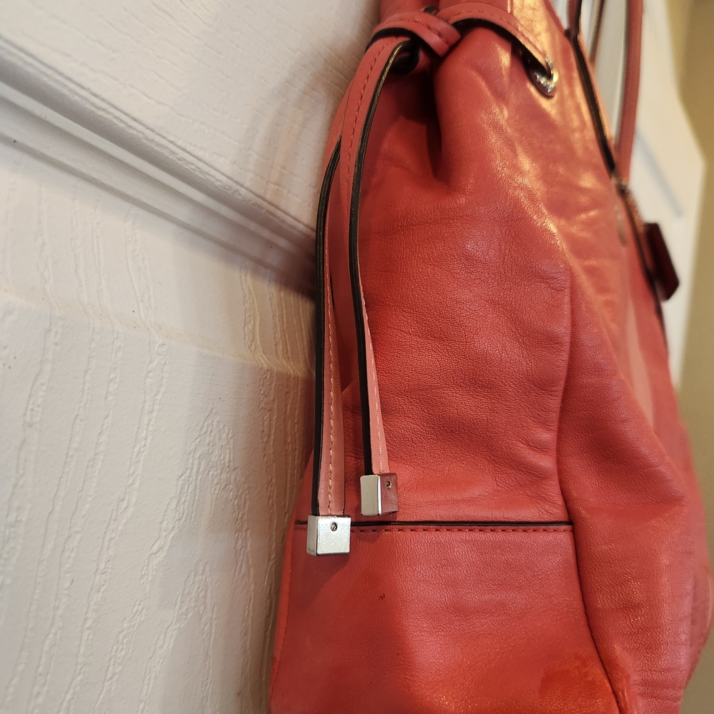 Coach Dark Peach And Light Melon Striped Leather Tote Bag GUC - Picture 4 of 11
